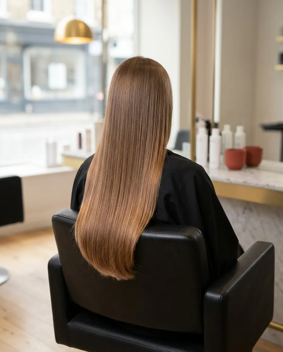 Cabelo comprido, liso e brilhante visto de costas numa cadeira de salão