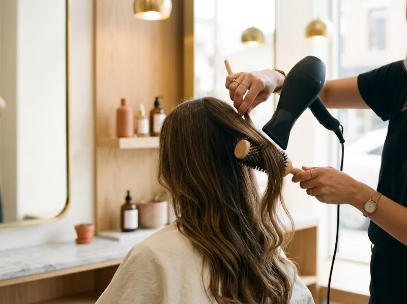 Mãos de cabeleireira a fazer brushing a cabelo castanho comprido